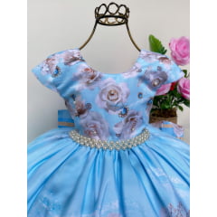 Vestido Infantil Azul Claro Floral Cinto Pérolas Luxo Festas