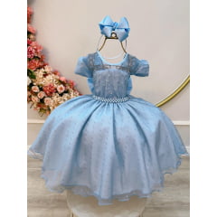 Vestido Infantil Azul Claro Tule Pipoquinha Luxo C/ Pérolas