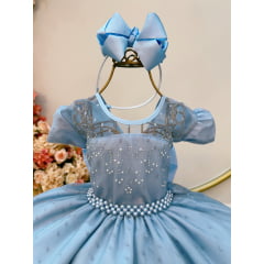 Vestido Infantil Azul Claro Tule Pipoquinha Luxo C/ Pérolas