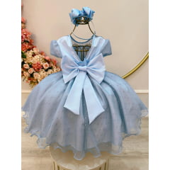 Vestido Infantil Azul Claro Tule Pipoquinha Luxo C/ Pérolas