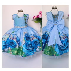 Vestido Infantil Azul Floral Cinto Strass Luxo Festas