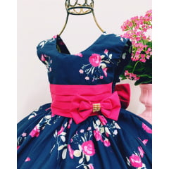Vestido Infantil Azul Marinho Floral Pink Luxo Princesa