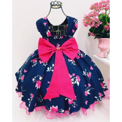 Vestido Infantil Azul Marinho Floral Pink Luxo Princesa