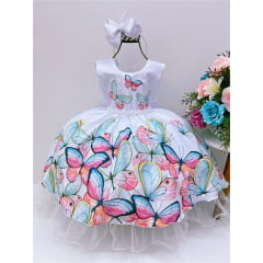 Vestido Infantil Branco Borboletas Damas Festas Luxo Pérolas