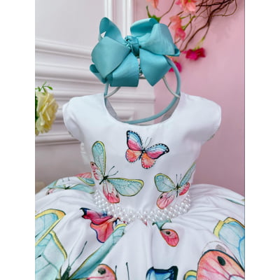 Vestido Infantil Branco Borboletas Damas Festas Luxo Pérolas