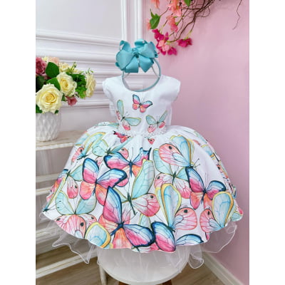 Vestido Infantil Branco Borboletas Damas Festas Luxo Pérolas Vestido Infantil Branco Borboletas Damas Festas Luxo Pérolas