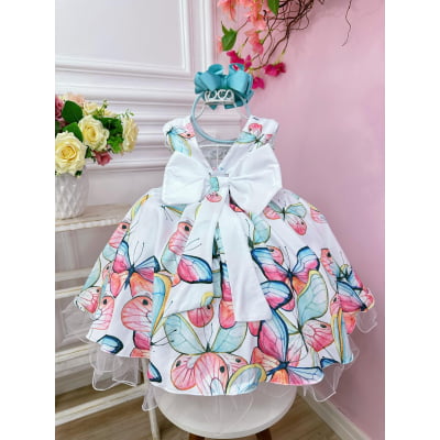 Vestido Infantil Branco Borboletas Damas Festas Luxo Pérolas