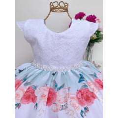Vestido Infantil Branco e Verde Floral Luxo Damas Princesa