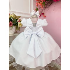 Vestido Infantil Branco Liso Aplique Laço Damas Formaturas