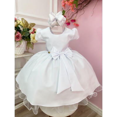 Vestido Infantil Branco Liso Aplique Laço Damas Formaturas