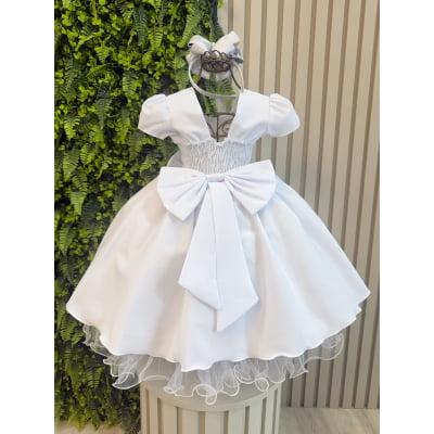 Vestido Infantil Branco + Laço ou Tiara