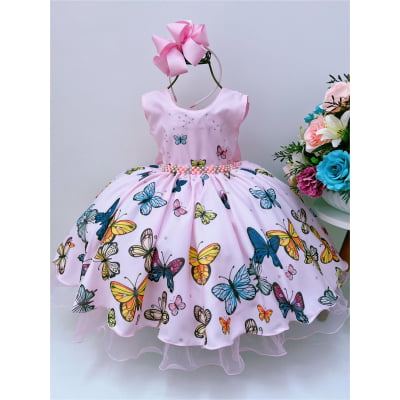 Vestido Infantil Jardim das Borboletas Rosa Luxo Festas