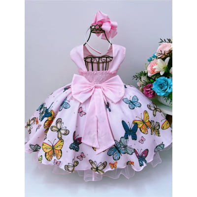 Vestido Infantil Jardim das Borboletas Rosa Luxo Festas
