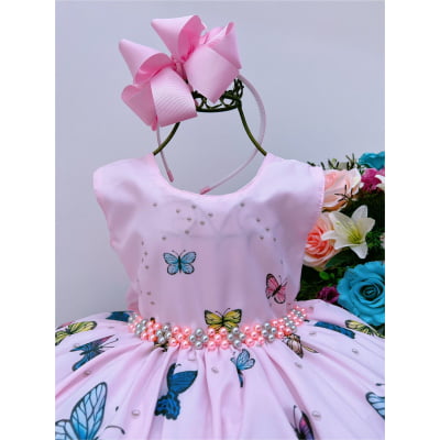 Vestido Infantil Jardim das Borboletas Rosa Luxo Festas