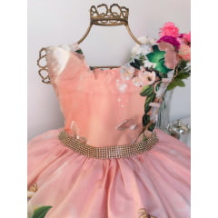Vestido Infantil Laranja Floral Luxo Princesas Cinto Strass