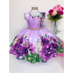 Vestido Infantil Lilás Floral Luxo Princesas Strass