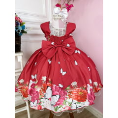 Vestido Infantil Marsala Jardim Das Borboletas Luxo Floral