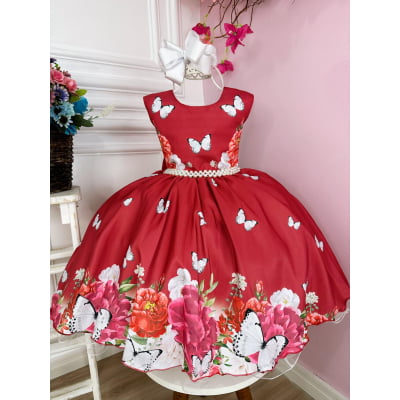 Vestido Infantil Marsala Jardim Das Borboletas Luxo Floral