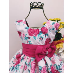 Vestido Infantil Off Floral Pink Laço Strass Luxo Princesas
