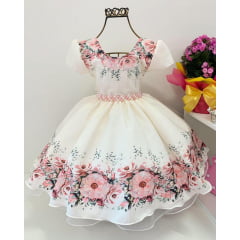 Vestido Infantil Off White Flores Damas Princesas Pérolas