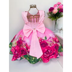 Vestido Infantil Pink Rosas Floral Luxo Princesas Strass