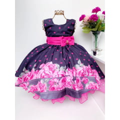 Vestido Infantil Preto Coração Pink Floral Luxo Princesas