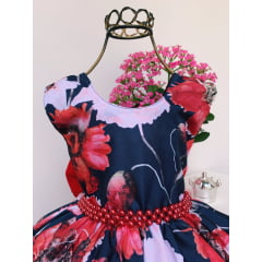 Vestido Infantil Preto Floral Vermelho Luxo Cinto em Pérolas
