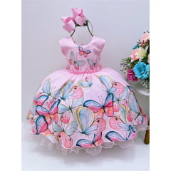 Vestido Infantil Rosa Borboletas Damas Festas Luxo Pérolas