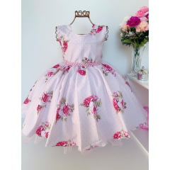 Vestido Infantil Rosa Poá Floral Cinto de Pérolas Luxo