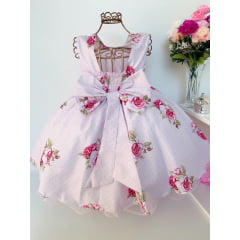 Vestido Infantil Rosa Poá Floral Cinto de Pérolas Luxo