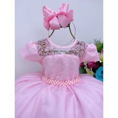 Vestido Infantil Rosa Tule Rendado Cinto Pérolas Luxo