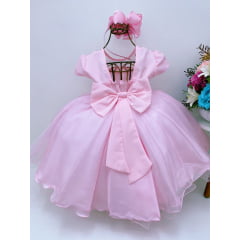 Vestido Infantil Rosa Tule Rendado Cinto Pérolas Luxo
