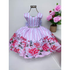 Vestido Infantil Rosas Listras Rosa e Brancas Luxo Festas