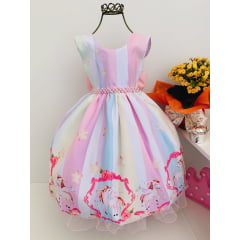 Vestido Infantil Unicórnio Colorido Princesas Cinto Pérolas