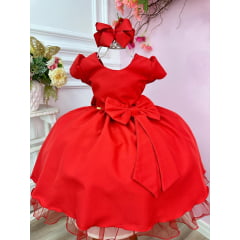 Vestido Infantil Vermelho Com Aplique de Laço Damas Luxo