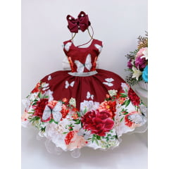 Vestido Infantil Marsala Jardim das Borboletas Floral Luxo