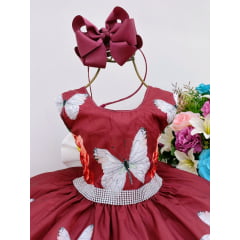 Vestido Infantil Marsala Jardim das Borboletas Floral Luxo