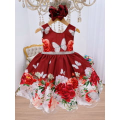 Vestido Infantil Marsala Jardim das Borboletas Floral Luxo