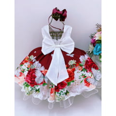 Vestido Infantil Marsala Jardim das Borboletas Floral Luxo