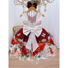 Vestido Infantil Marsala Jardim das Borboletas Floral Luxo