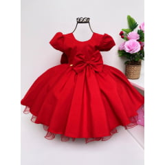 Vestido Infantil Vermelho Liso Laço Festa Luxo