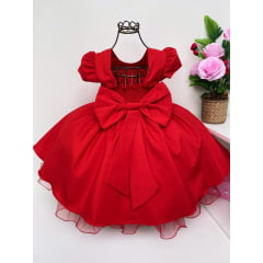 Vestido Infantil Vermelho Liso Laço Festa Luxo