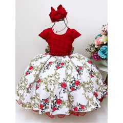 Vestido Infantil Vermelho Saia Branca Floral Cinto Pérolas