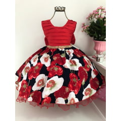 Vestido Infantil Vermelho Saia Floral Luxo Festa Dama Strass