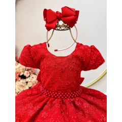 Vestido Infantil Vermelho Tule C/ Renda Florido Cinto de Pérolas