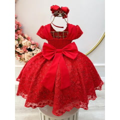 Vestido Infantil Vermelho Tule C/ Renda Florido Cinto de Pérolas
