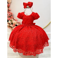 Vestido Infantil Vermelho Tule C/ Renda Florido Cinto de Pérolas