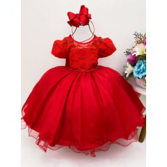 Vestido Infantil Vermelho Tule Rendado Cinto Pérolas Luxo