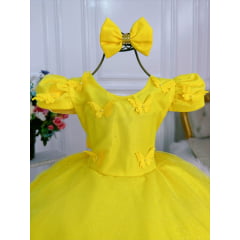 Vestido Infantil Amarelo Aplique Borboletas C/ Laço Glitter
