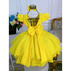 Vestido Infantil Amarelo Aplique Borboletas C/ Laço Glitter